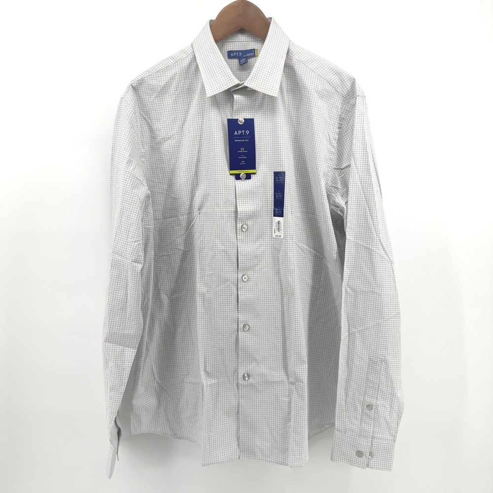 Apt. 9 Dress Shirt Mens Large 16-16.5 36/37 White Grey Grid Stretch Regular Fit